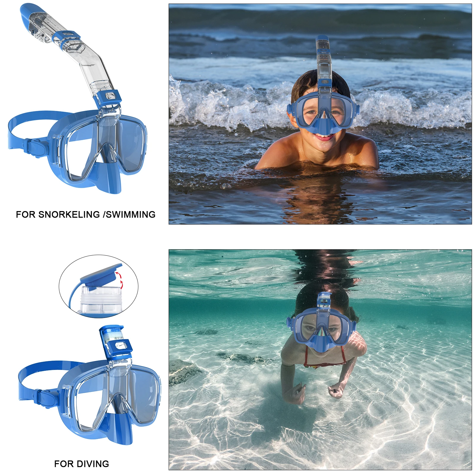 Factory direct sale cheap price 2 in 1 diving set 180 degree view half face scuba snorkel diving mask for kids adults
