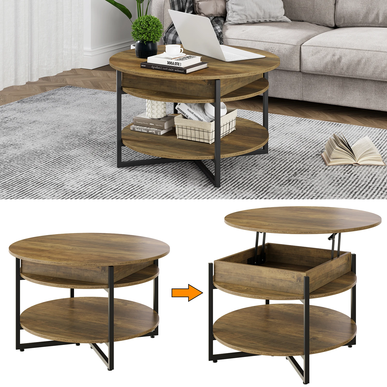Round Center Table Wood Lift Top Circular Coffee Table with Hidden Storage Compartment and Shelf