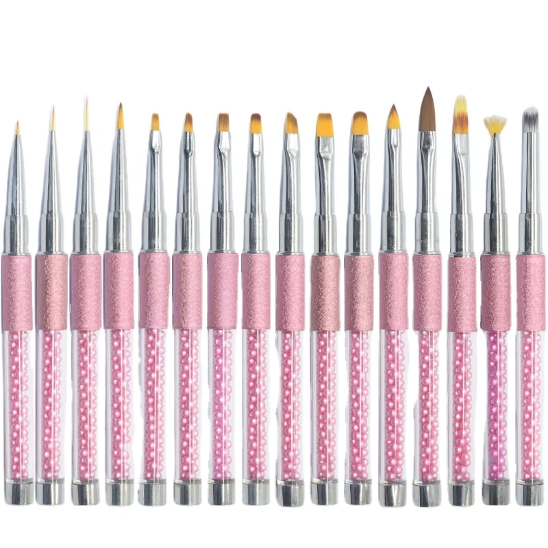 Professional 16pcs Gel Nail Brushes Set with Pearl Acrylic Handle Manicure Oval Flat 3D Detail Brush for Acrylic Nail