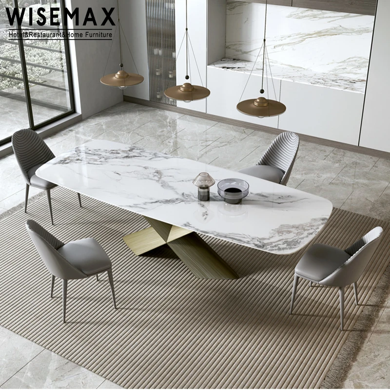 WISEMAX FURNITURE modern living room furniture light luxury slated board top with stainless steel X shape base dining table