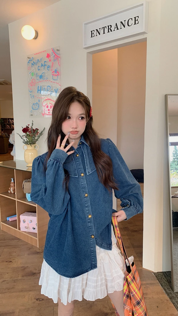 Autumn Winter Denim Women Shirts Bows Sweet Solid Korean Fashion Basics Blouses Elegant Casual Loose Blouse Mujer