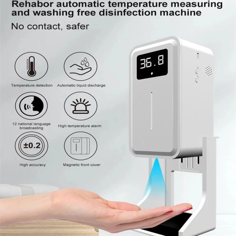 Wall Mounted Body Temperature Measurement Alarm Auto Disinfect Liquid Spray Hand Sanitizer Soap Dispense With USB Rechargeable