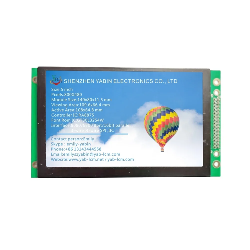 5 inch 800X480 TFT lcd module with RA8875 ,30PIN ,parallel/SPI/IIC interface ,size:140x80 mm