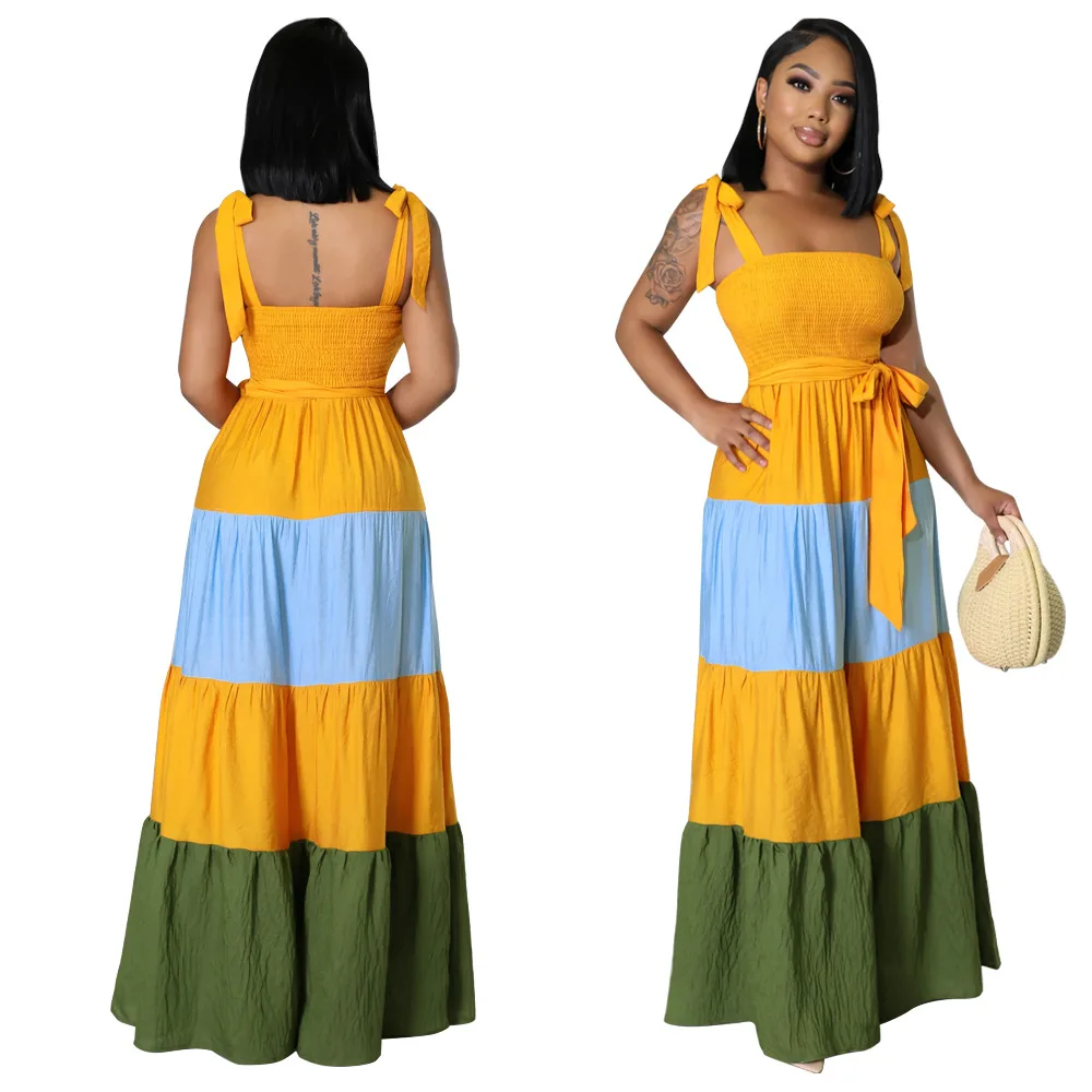 Новинка 9630, Дизайнерские повседневные платья контрастных цветов без рукавов на бретельках, элегантное платье-макси, женские летние платья 2023