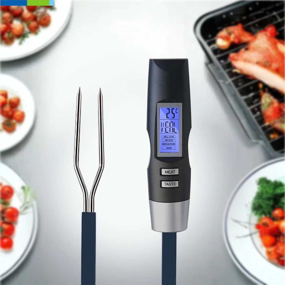 Barbecue Fork Thermometer with High Temperature Alarm Blue Backlight Digital Meat Kitchen Tool Plastic Material