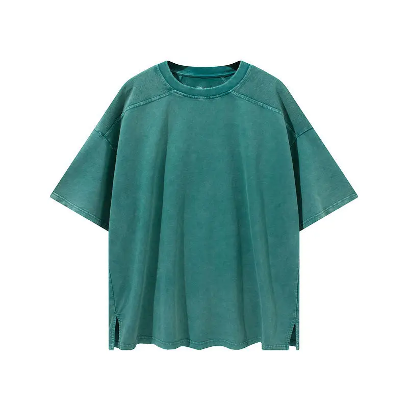 custom High Street Vintage T-Shirts Men O-Neck Collar Short Sleeve Loose Small Open Fork Casual High Quality Tops Male