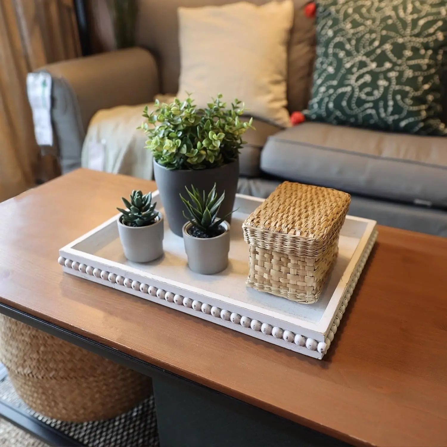 Rustic Wooden Trays Decor Farmhouse Kitchen Decorative Serving Tray Wood White Washed Bead Oval Tray for Coffee Table