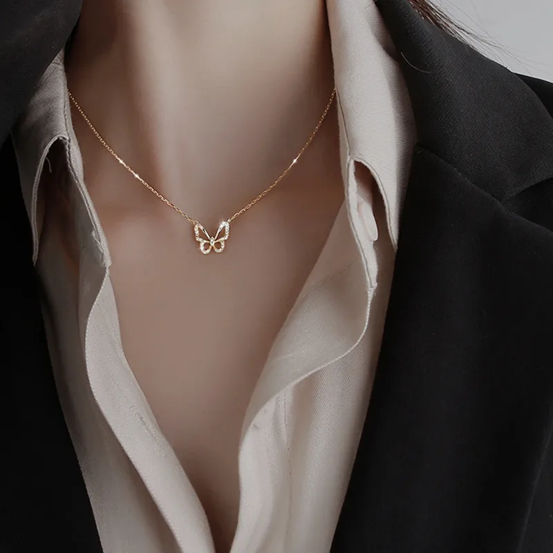 Trend Fashion Crystal Butterfly Pendant Choker Necklaces Party Jewelry Gift Statement Zircon Hollow Butterfly Necklace for Women