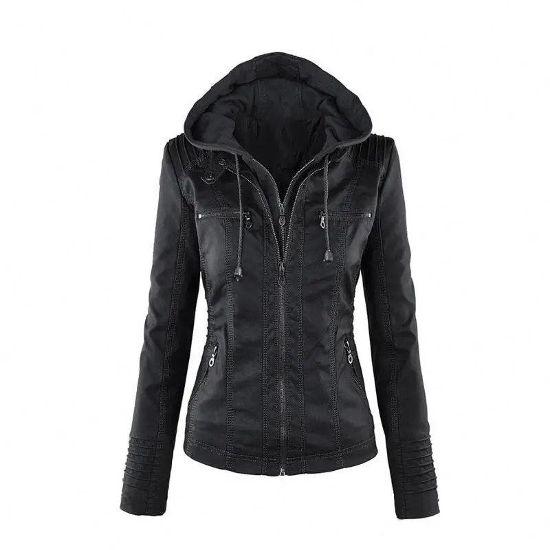 Wholesale Women Fashion plus size PU leather jackets long sleeve removable hooded zipper thickening slim autumn winter jacket