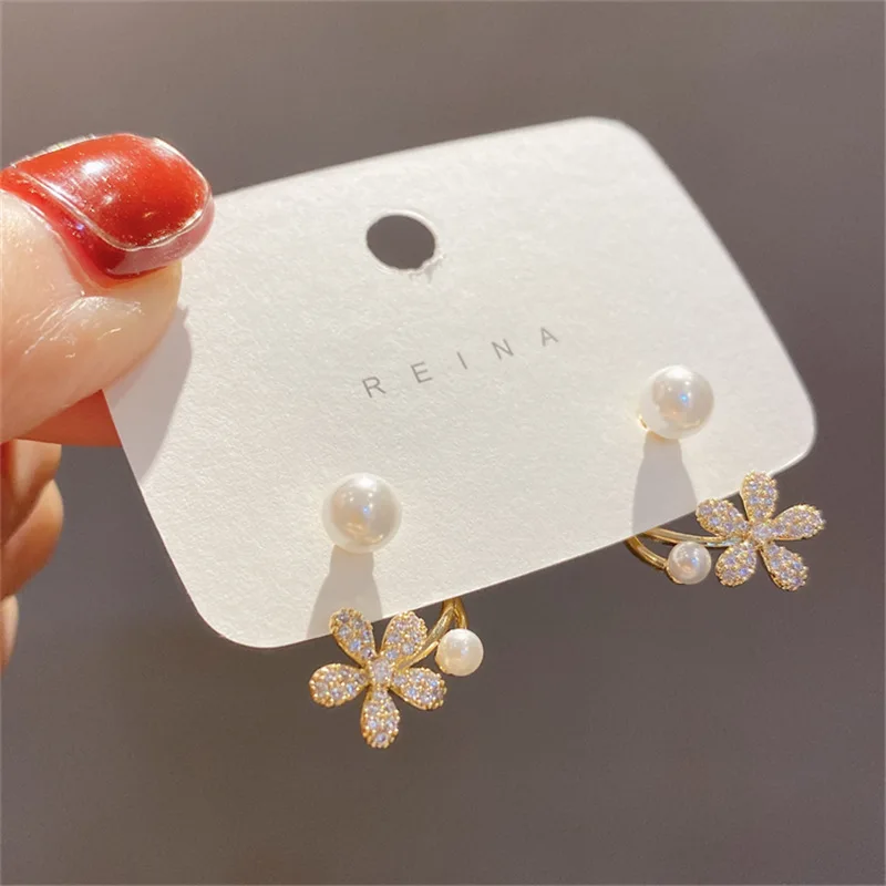 Flower Earrings 2023 New Light Luxury Two-wear Small Earrings Designed Pearl Fashion for Women Gold Plated Trendy Alloy Zircon