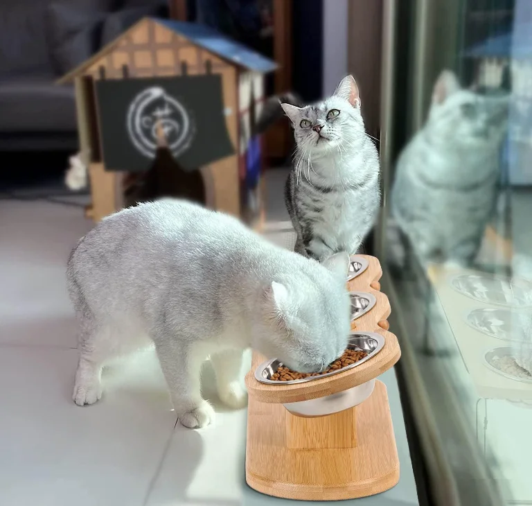 Wholesale custom logo small pet diagonal anti-upset pet dog bowl protection cervical vertebra adjustable bamboo frame