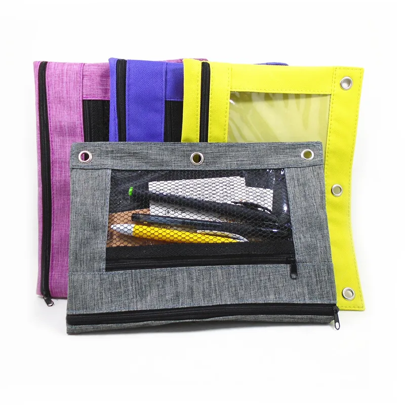 Manufacturer 3-Ring Mesh Window Pencil Pouch Zipper Stationery Bags