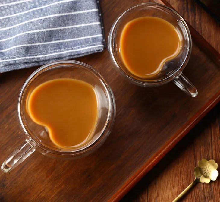 Clear Heat Cold Resistant Borosilicate Glass Double Wall Glass 180ml/250ml Heart  Coffee Cups And Mugs