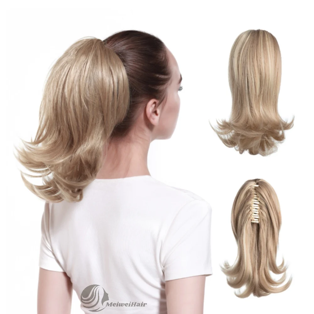 Meiwei 2021 Jaw claw clip woman high hair ponytail natural color pre plucked water curl short ponytails extension