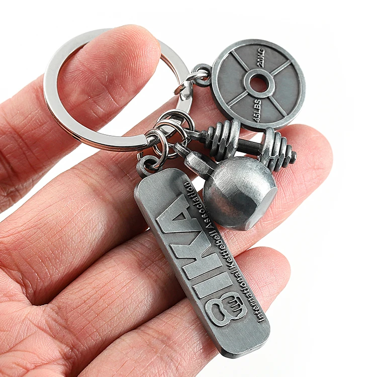 In Stock Antique Silver Charm Keyring Equipment Sport Barbell Gym Fitness Keychain Keyring For Brand Promotion