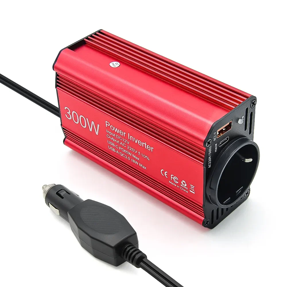 Inverter 300W Power EU Socket DC12V to AC 220V/110V Output USBQC3.0+PD65W Fast Charging Vehicle Inverter