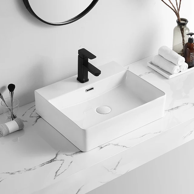 Popular design lavabo white rectangular countertop sink solid surface wash basin ceramic bathroom vessel sink