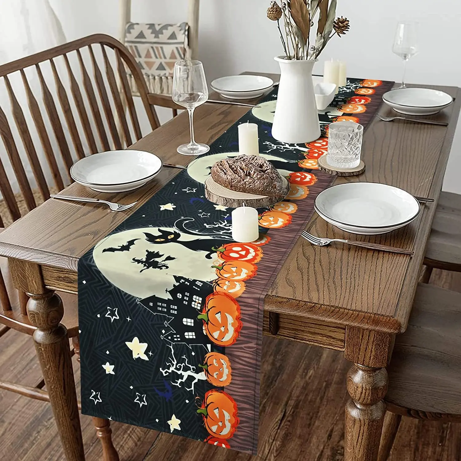 Halloween Heat Resistant Table Runner for Round Tables Bohemian Sublimation Greenery Tapestry Yellow Green Sequin Moss