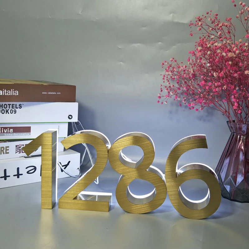 
Gold Color White Light Metal 3D Led Modern House Number Sign Outdoor Waterproof Home Hotel Letter Name Plates Number Sign 