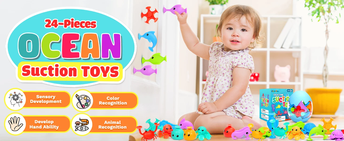 Suction Bath Toys for Kids - Fine Motor Window Toys, Silicone Ocean Animal Suction Cup Toys with Dinosaur Eggshell,