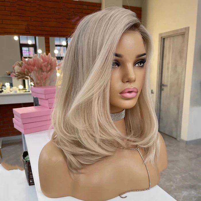 Beautiful Layered Ombre Blonde Color Short Bob Wig Human Hair Swiss Lace Front Wigs With Light Brown Root