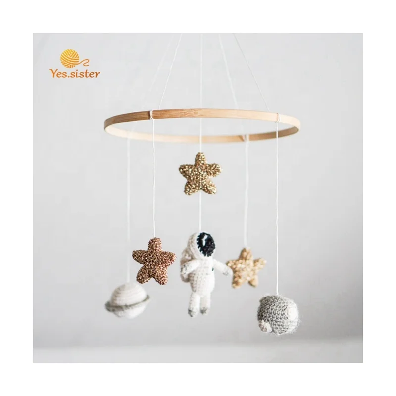 Wooden Crochet Astronaut Toy Crib Space Baby Shower Gift Handmade New Cot Mobile