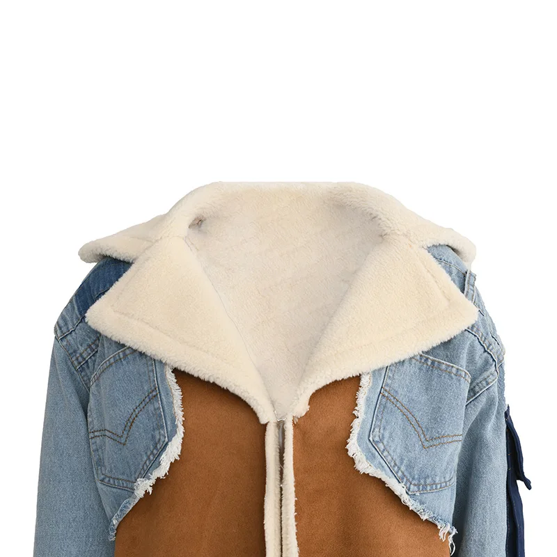 Women Jean Wool Jacket Patchwork Cropped Cardigan Hoodie Trench Coat Women Winter Fur Coat Fur Jacket