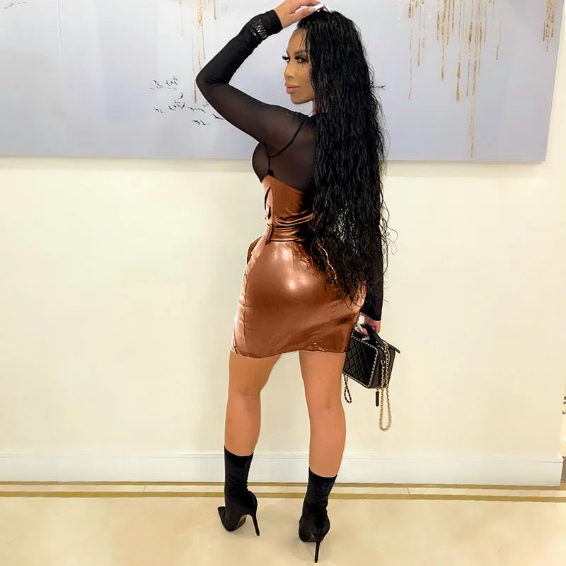 211118-1 S-5XL New long sleeve round neck gauze stitching PU leather dress