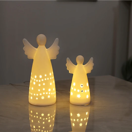 Ceramic White Christmas Led Angels ; Angel Matt Glazed Angel Led Christmas Decoration ; Angel Led