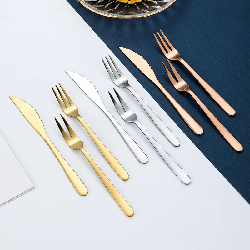 3 PCS Stainless Steel Gold Plating Fruit Dessert Tableware Set 2 Prong 3-Prong Fork and Knife