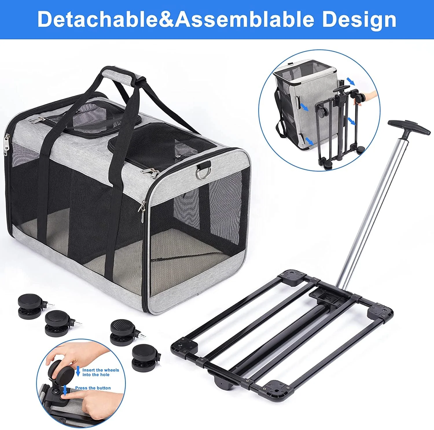 Double Compartment Pet Carrier With Detachable Wheels Rolling Carrier For 2 Small Cats Super Ventilated Design
