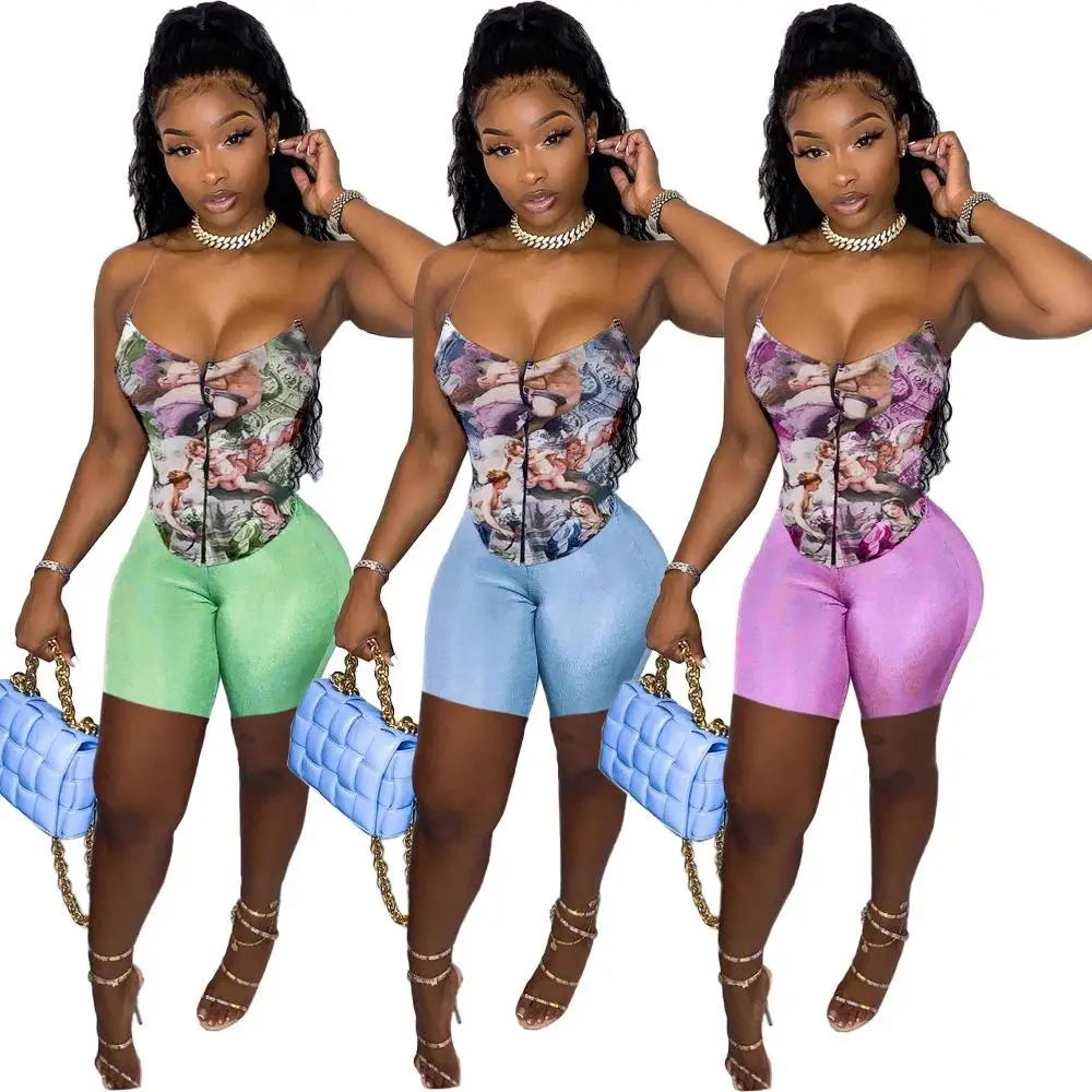 Two-piece Set Women Wear,2021 Cute 3 colors Ladies&amp Flora Corset Top With Biker Shorts Summer 2 Piece Short Set