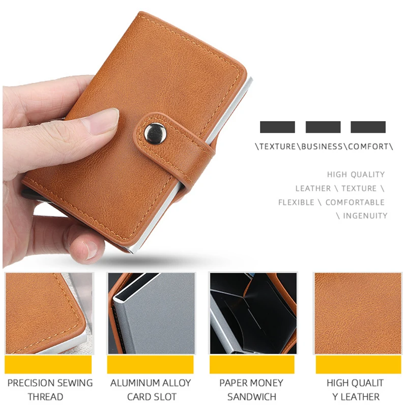 RFID Blocking Function PU Leather Credit Card Holder Automatic Pop Up Aluminium ID Card Holder Wallet for men