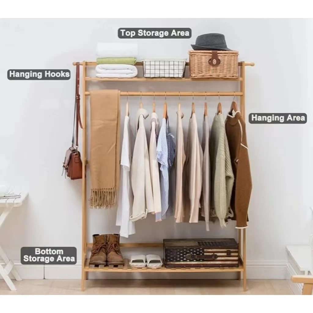 Coat Clothes Hanging Heavy Duty Rack with Top Shelf and Shoe Clothing Storage Organizer Shelves Good Price Bamboo Living Room