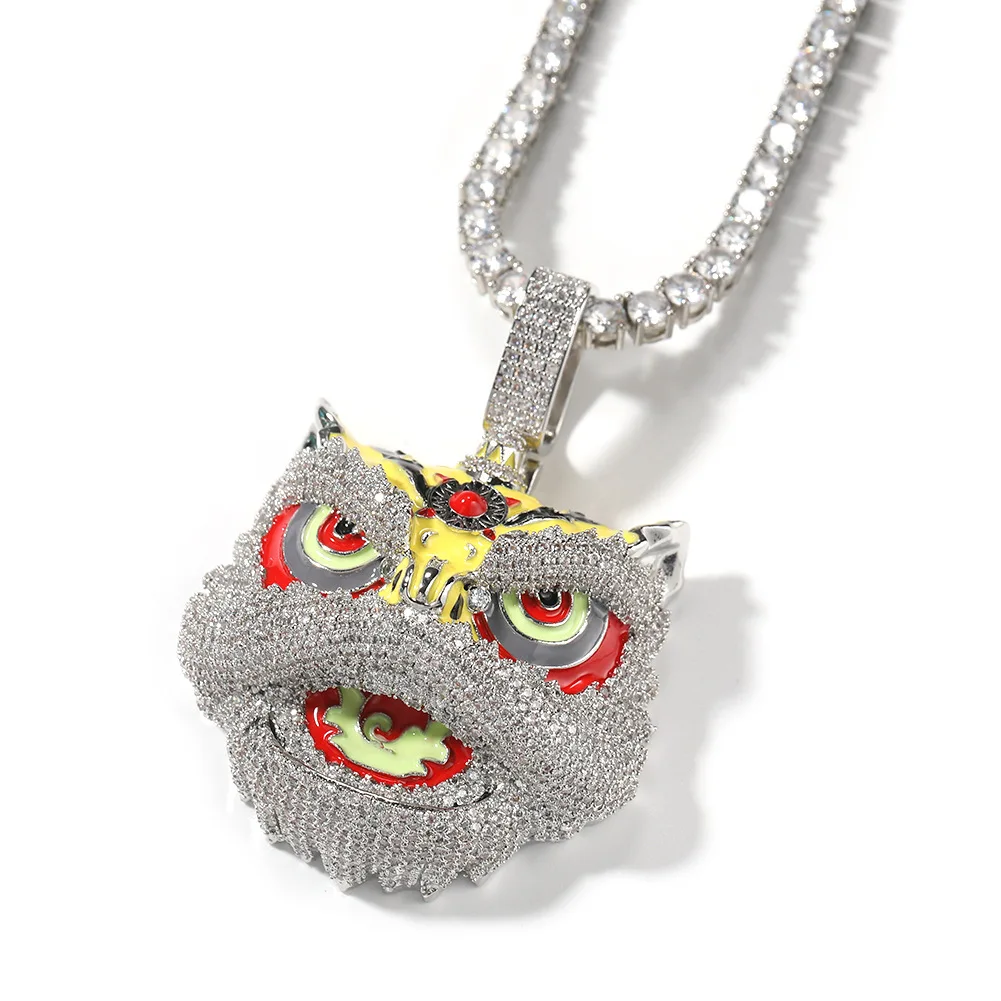 Chinese Traditional Cultural Beast Dancing Lion Head Character Pendant Iced Out CZ Colorful Enamel Charms Fashion Jewelry
