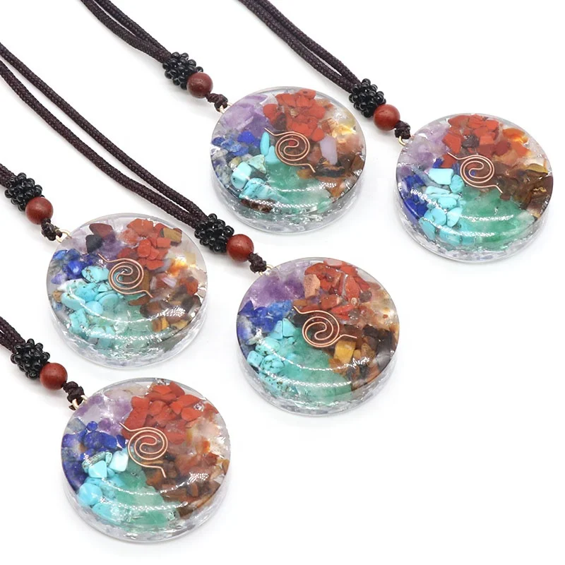 Wholesale orgone pendants Natural gemstone crushed stone resin wrap  orgone 7 chakra stone pendant necklace