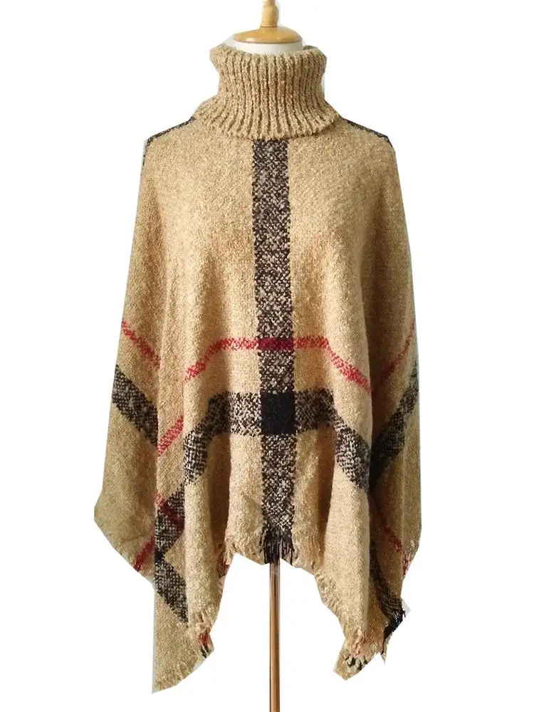 
New Arrival Fashion High Collar Plaid Tassel Cloak Shawl Sweater Winter Poncho For Women Winter 