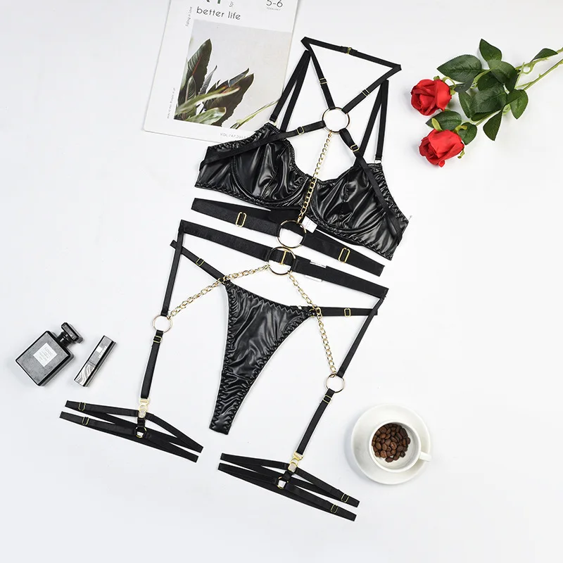 Chuangerm hot sell fashion PU leather lace design lingerie set mature black women sexy sensual lingerie 2023