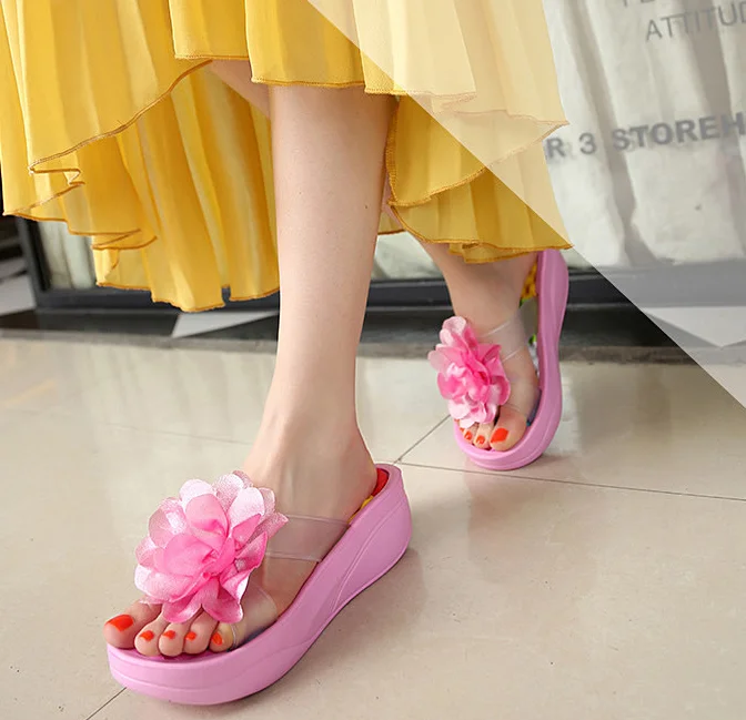 cy30487a Summer thick sole high heel flower slippers for women shoes wholesale stylish home slippers