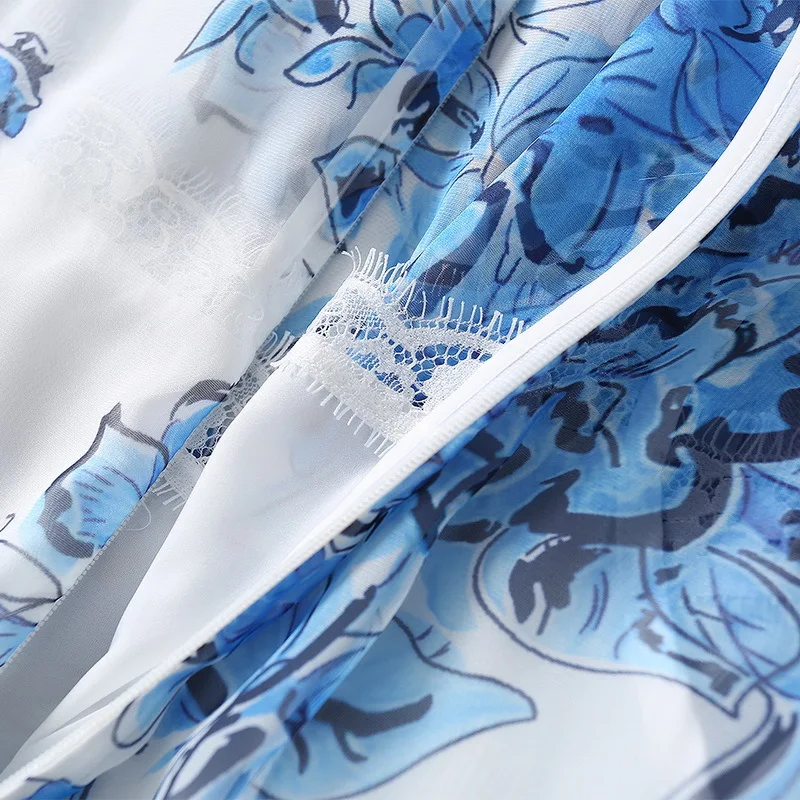 Blue And White Porcelain Long Dresses Summer New Elegant Chiffon Dress With Large Swing Fashion Silk Scarf Neck Bow Print