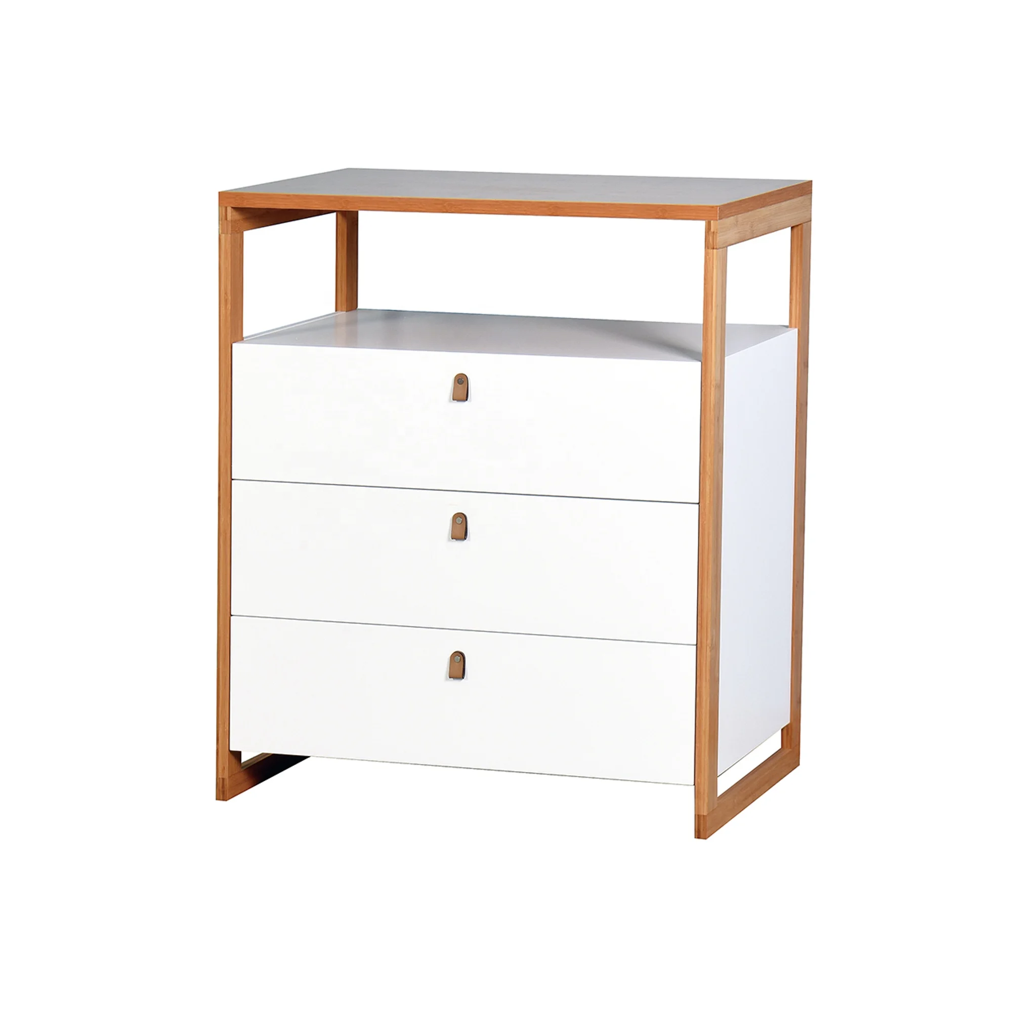 Elegant bamboo leg frame white wooden storage cabinet with 3 drawers