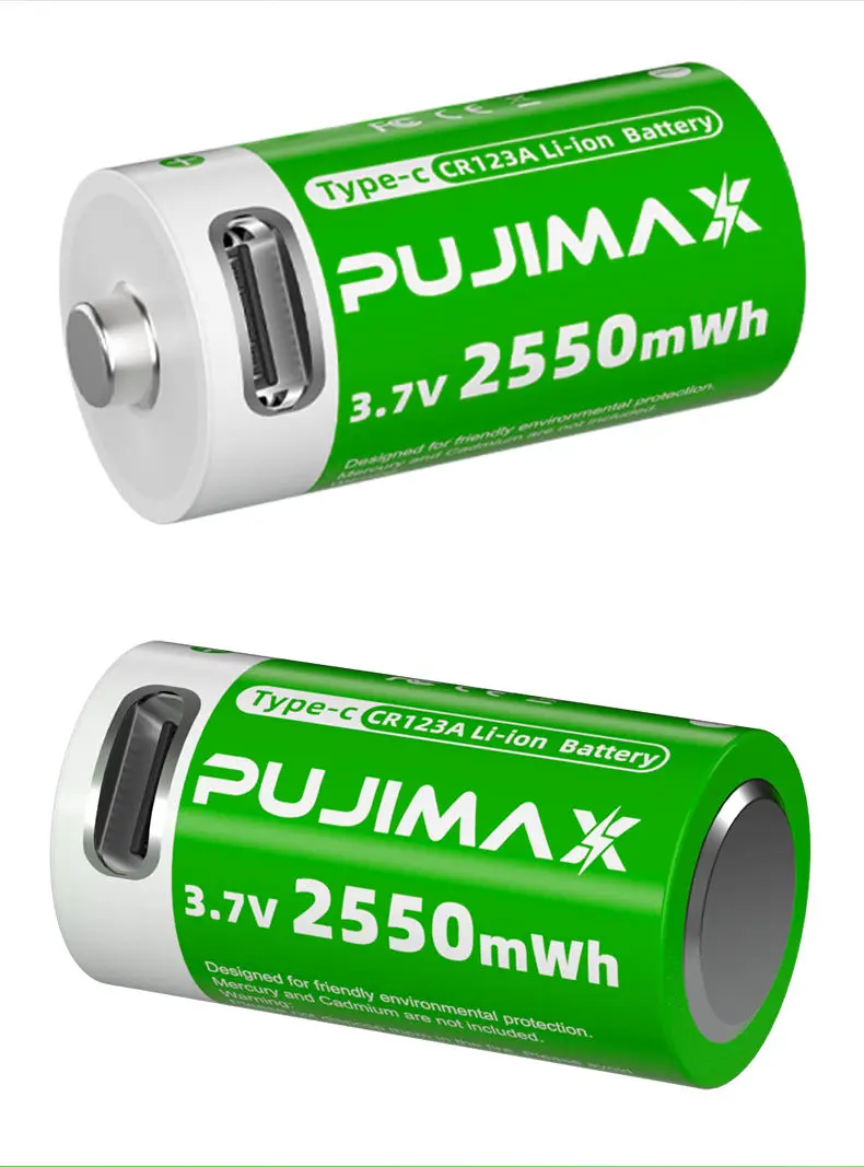 PUJIMAX 2PCS 2550mWh CR123A New Models Suction Card Packing Rechargeable Li ion Batteries 3.7V USB C Charging Lithium Batteries