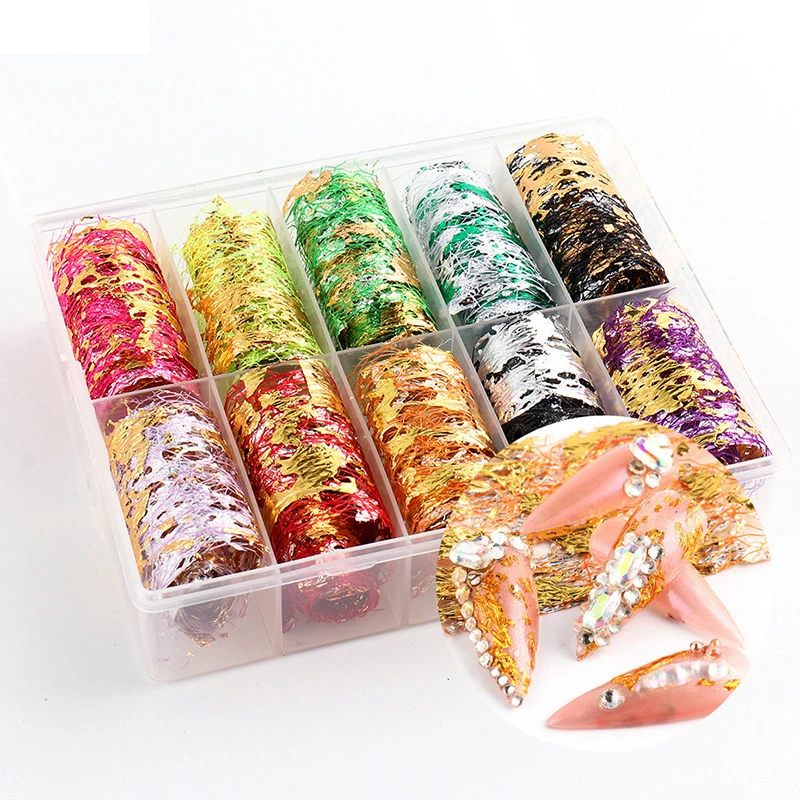 10 Types/Box Gold Silver Irregular Aluminum Foil Paper Nail Art Sticker 3D Glitter DIY Manicure UV Gel Polish Nail Decoration