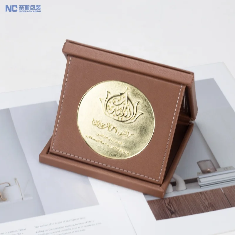 Luxury Wood Brown Pu Leather Coin Display Packaging Box Coin Slab Badge Challenge Coin Medal Holder Custom Gift Box
