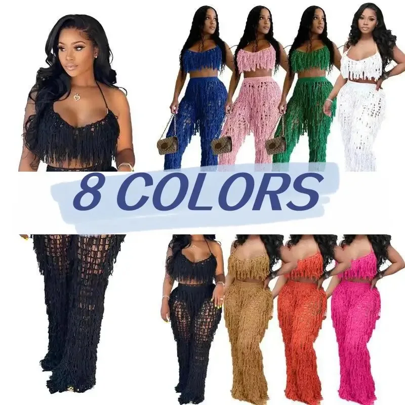2023 Sexy Hand Crochet Knitted  Tassel Summer Beach Two Piece Set  Women Halter Backless Crop Top Pants  Beach Set