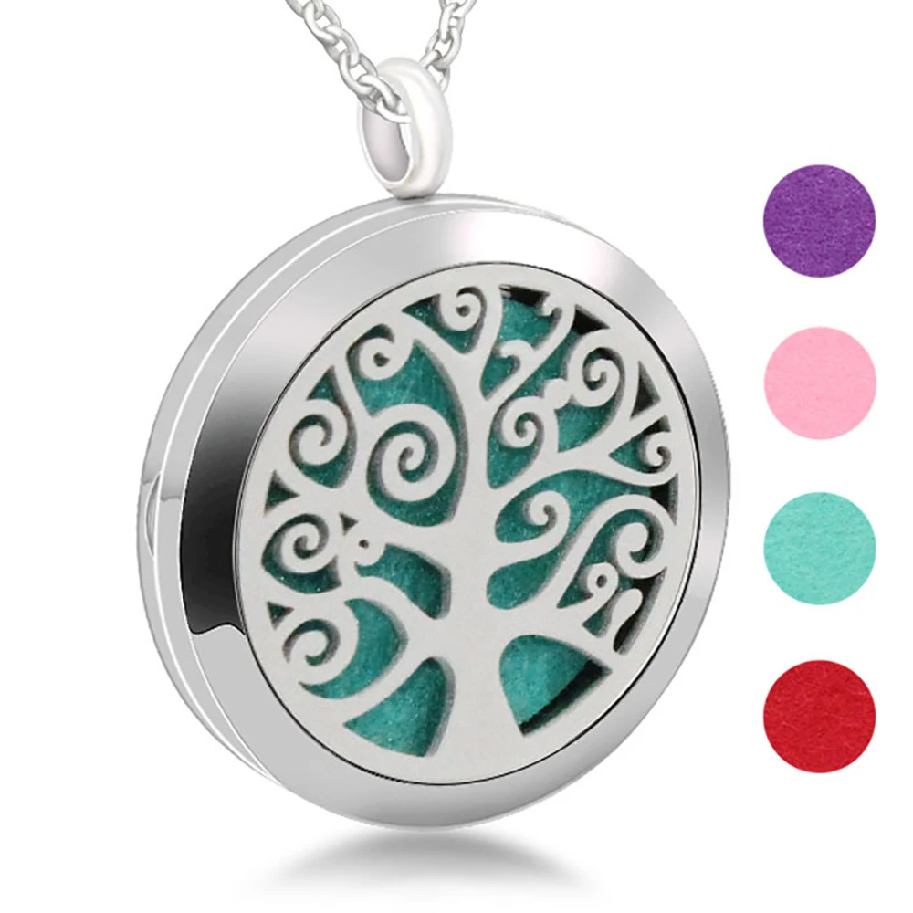 Popular 316L Stainless Steel  and zinc alloy Jewelry Tree Of Life  Aroma Necklace Essential Oil Diffuser Pendant with Pads