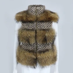 2021 New Fashion Stand-up Collar Real Fur Coat Vest Winter Jacket Women Natural Raccoon Fur Wool Weave Coat Outerwear Streetwear