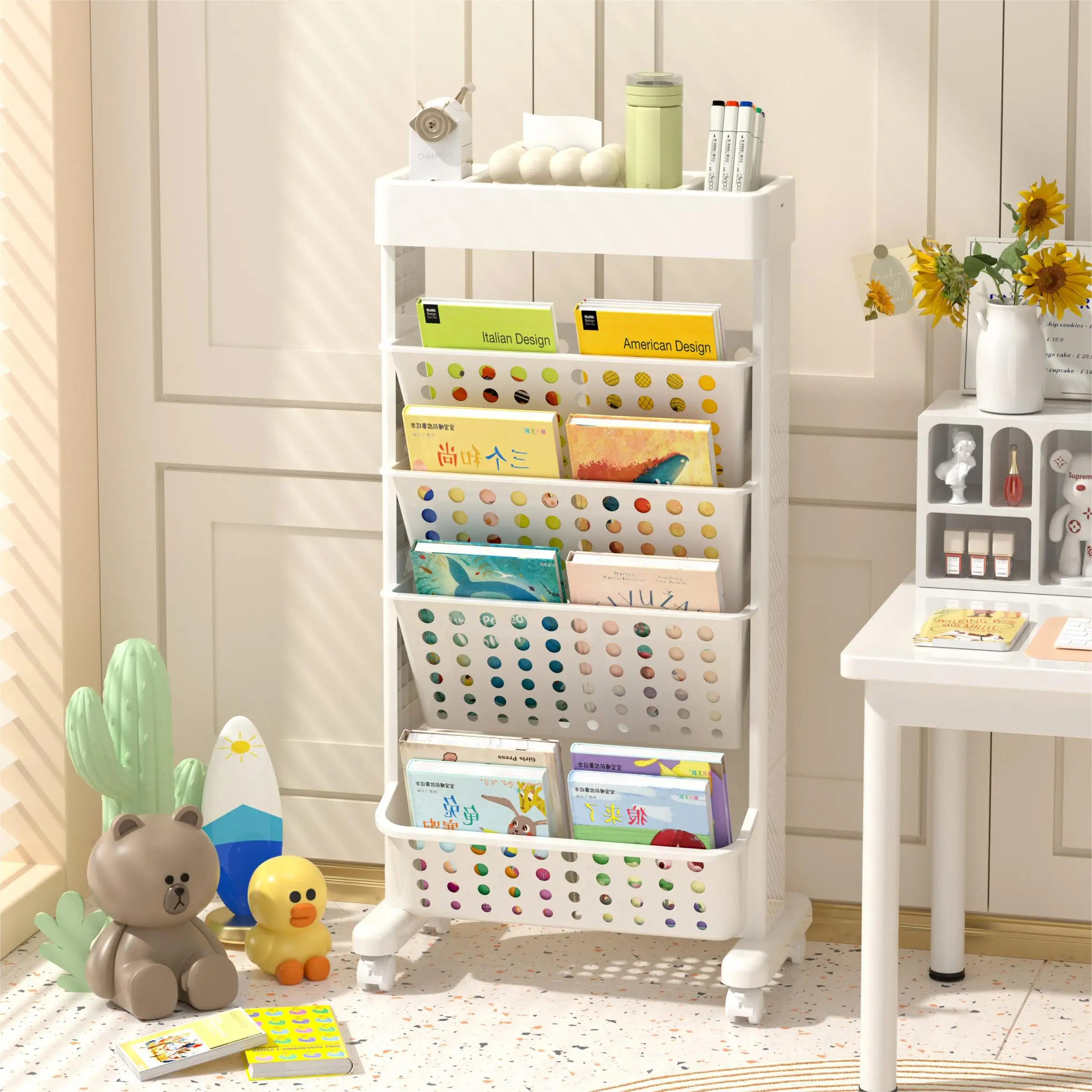 Multi-function Removable Bookcase Office Classroom Bookshelf Plastic Book Stand Holder With Wheels
