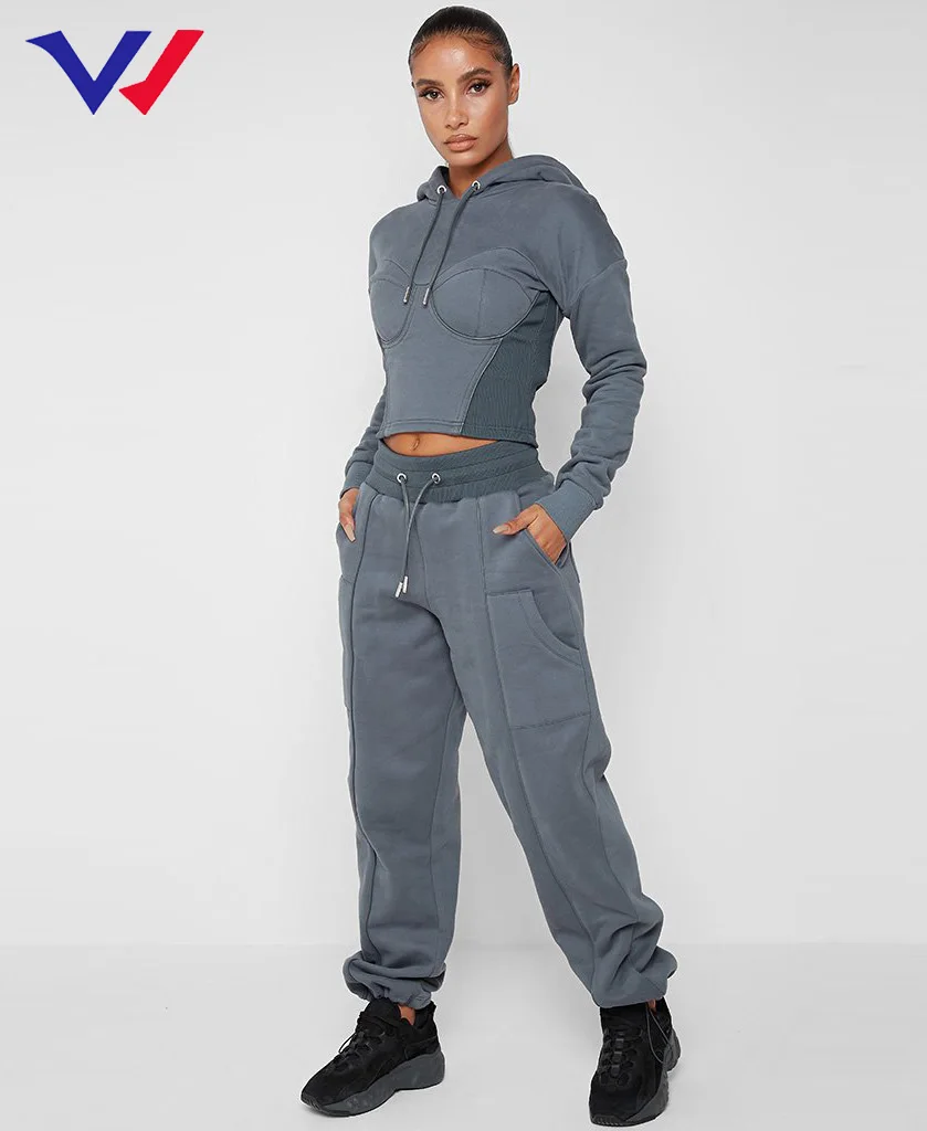 Winter soft corset hoodie women two piece sweatsuit sport running cotton fleece track suits for girls