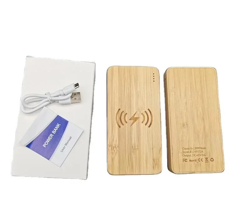 iStapromo Gifts New Arrival Thin Bamboo wood Wireless Charger Power Bank Supply with wooden Case 10000Mah mobile phone Charger